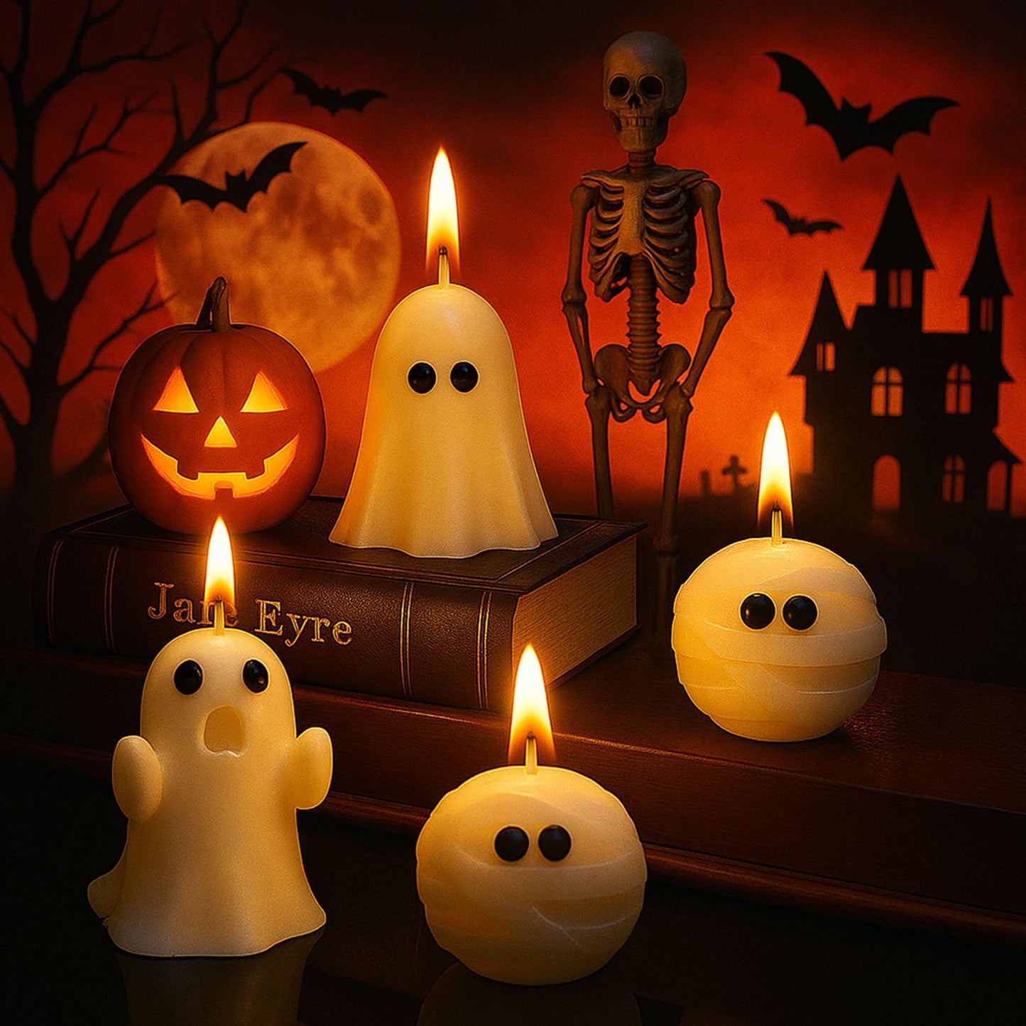 Minatee 4 Pieces Halloween Ghost Candles Large Scented Spooky Cute Mummy Candles Gifts for Halloween Party Boo Basket Stuffers Home Table Decor, 2 Style