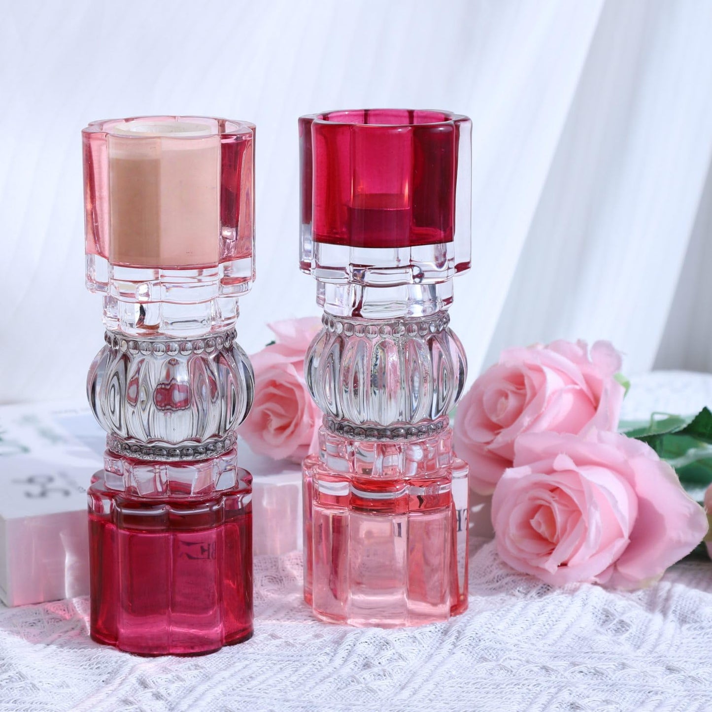 VOHO Pink Candle Holder for Valentines Day Decorations, Set of 2 Heavy Glass Votive Candle Holders Decor for Room Table, Romantic Tealight Candle Holder Gifts for Her(7.87x2.75 in W/H, Shades of Pink)
