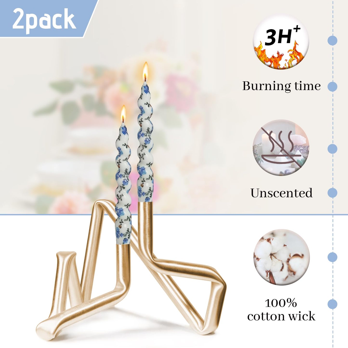 Short Taper Candle Forget-Me-Not Candles Floral Print Spiral Candlesticks, 7.5 Inch Handmade, Set of 2 for Home Wedding Party Decor Gifts