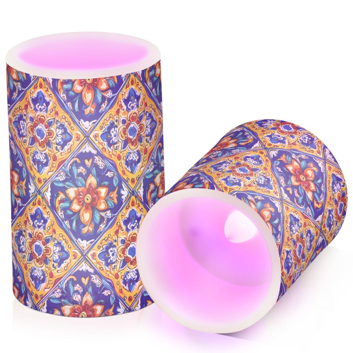 Flameless Candles Battery Operated Vintage Mexican Talavera Ceramic Tiles Flickering Led Pillar Candles With Remote Control Ethnic Flowers Pottery Colour Changing Warm Light Candles For Wedding Hall