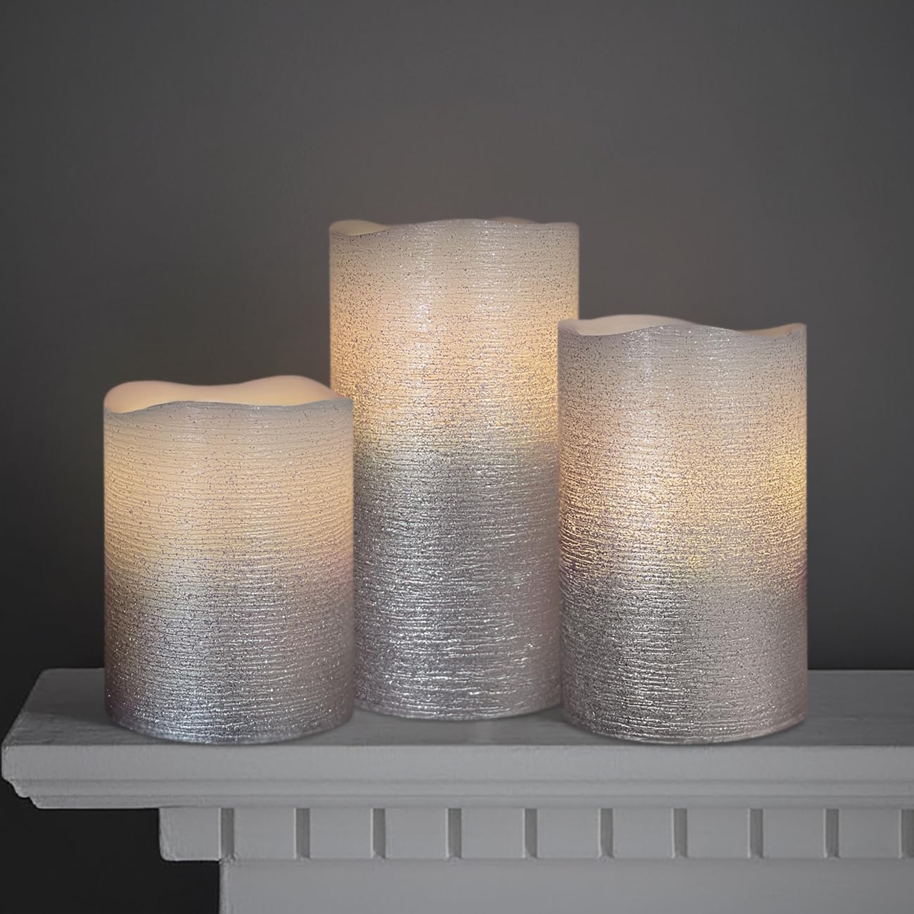 FURORA LIGHTING Silver Glitter Flameless Pillar Candles - Real Wax, 5/19 Auto Timer, Set of 3 (3x4, 3x5, 3x6), Batteries Included, Home Decor