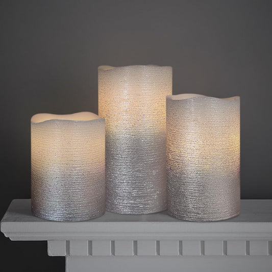 FURORA LIGHTING Silver Glitter Flameless Pillar Candles - Real Wax, 5/19 Auto Timer, Set of 3 (3x4, 3x5, 3x6), Batteries Included, Home Decor
