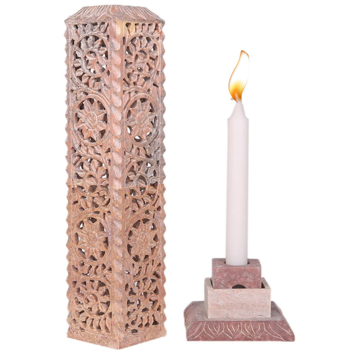 Carry Me Handmade Marble Soapstone Incense Stick Burner | Candle Stick Holder | Tea Light Stand - Floral Carving for Gifting. Decorative Incense Tower for Home and Office Decor. (3x3x11 Inches)