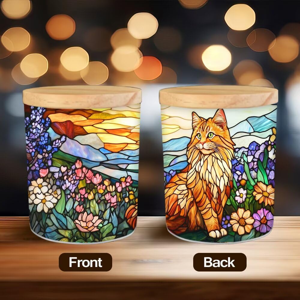 Stained Glass Cat Tea Light Candle Holders, Country Wildflowers Tealight Candle Holder Jar with Wooden Lid, Pastoral Votive Candlesticks for Table Centerpieces, Christmas,Birthday Party