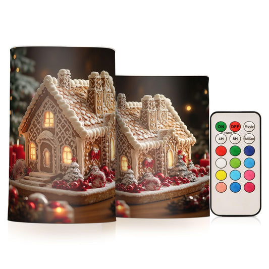 WEVIBOFU Gingerbread House Flickering Flameless Candles LED Battery Operated with Remote Timer Pillar Candles for Home Birthday Wedding Christmas Decor, Set of 2
