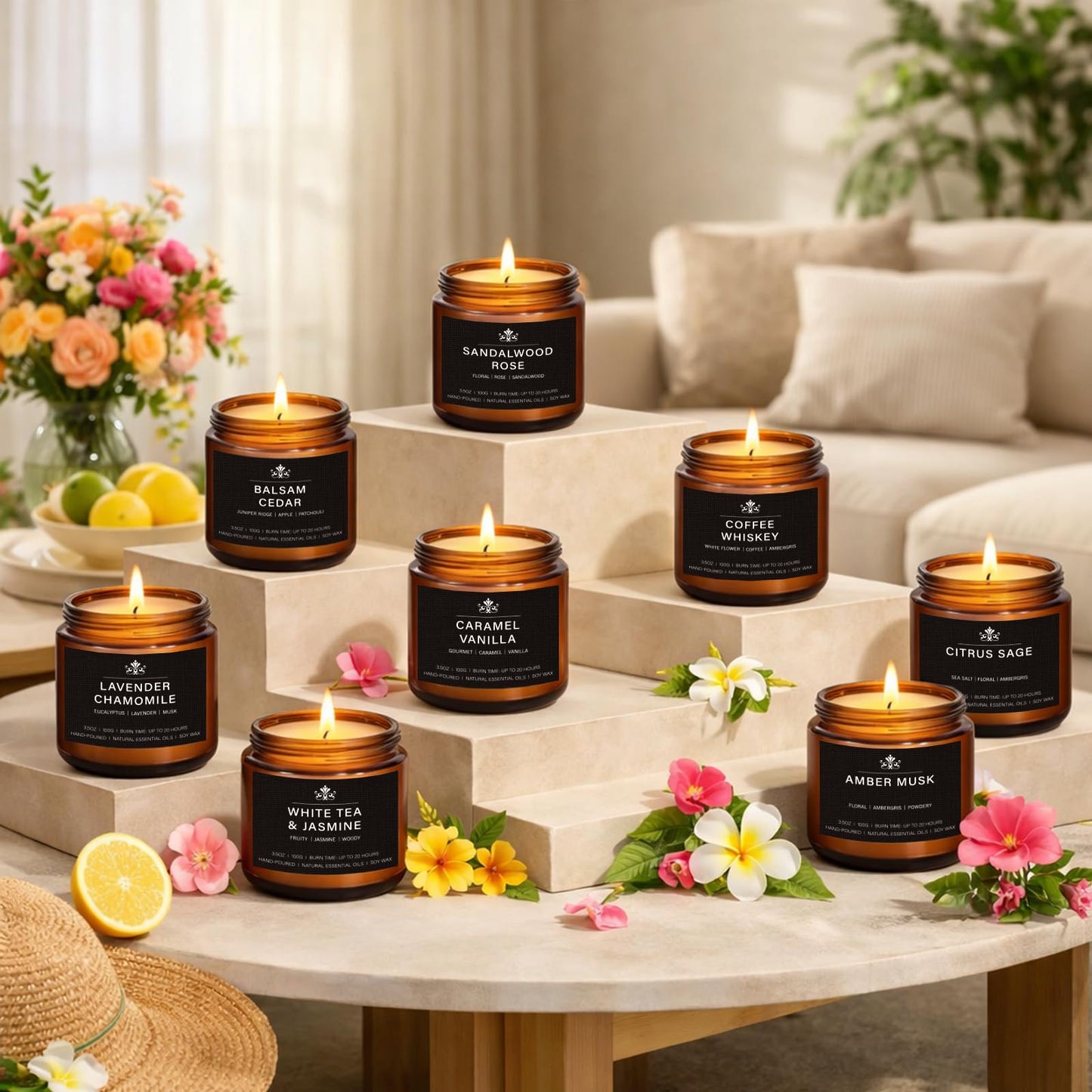 8 Pack Soy Wax Scented Candles Gift Set, Aromatherapy Candles with Lavender Chamomile, Citrus Sage, Caramel Vanilla, Coffee Whiskey, Long Lasting Stress Relief Candle, Unisex Home & Gift Set for Men