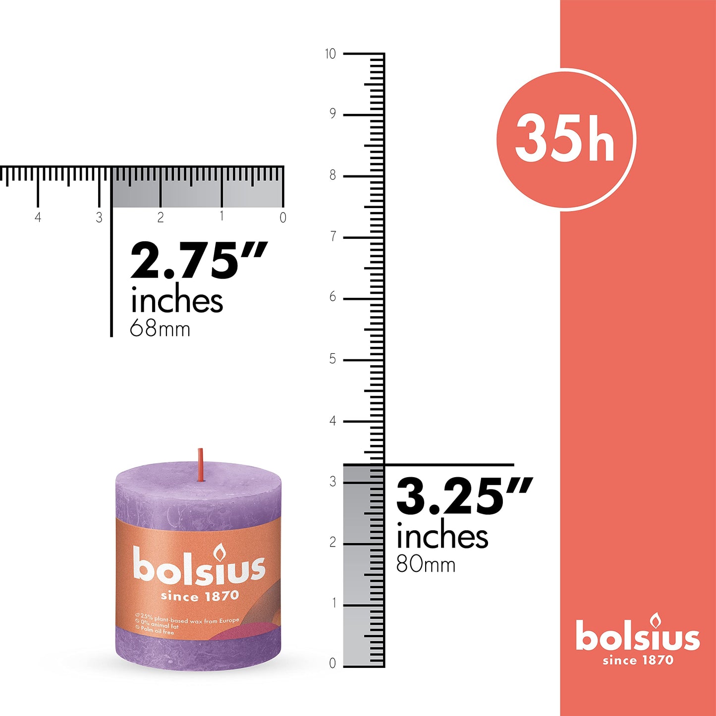 BOLSIUS 4 Pack Vibrant Violet (Purple) Rustic Pillar Candles - 2.75 X 3.25 inches - Premium European Quality - Includes Natural Plant-Based Wax - Unscented Dripless Smokeless 35 Hour Party Candles
