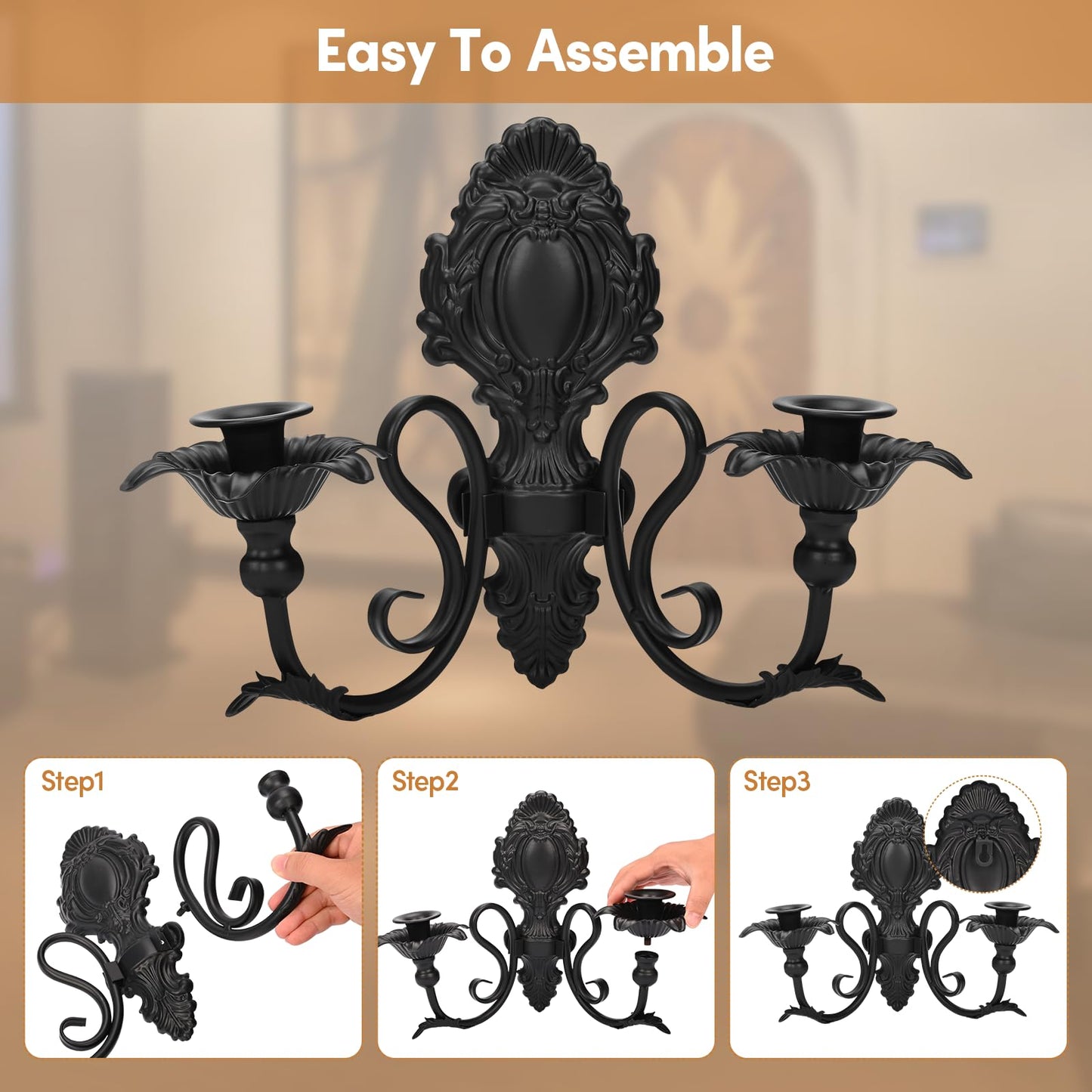 jxgzyy Candle Sconces Set of 2 Wall Candle Holder Metal Candle Sconces Vintage Wall Mount Candle Holder for Living Room, Dining Room, Farmhouse, Fireplace, Wedding (Black 1)
