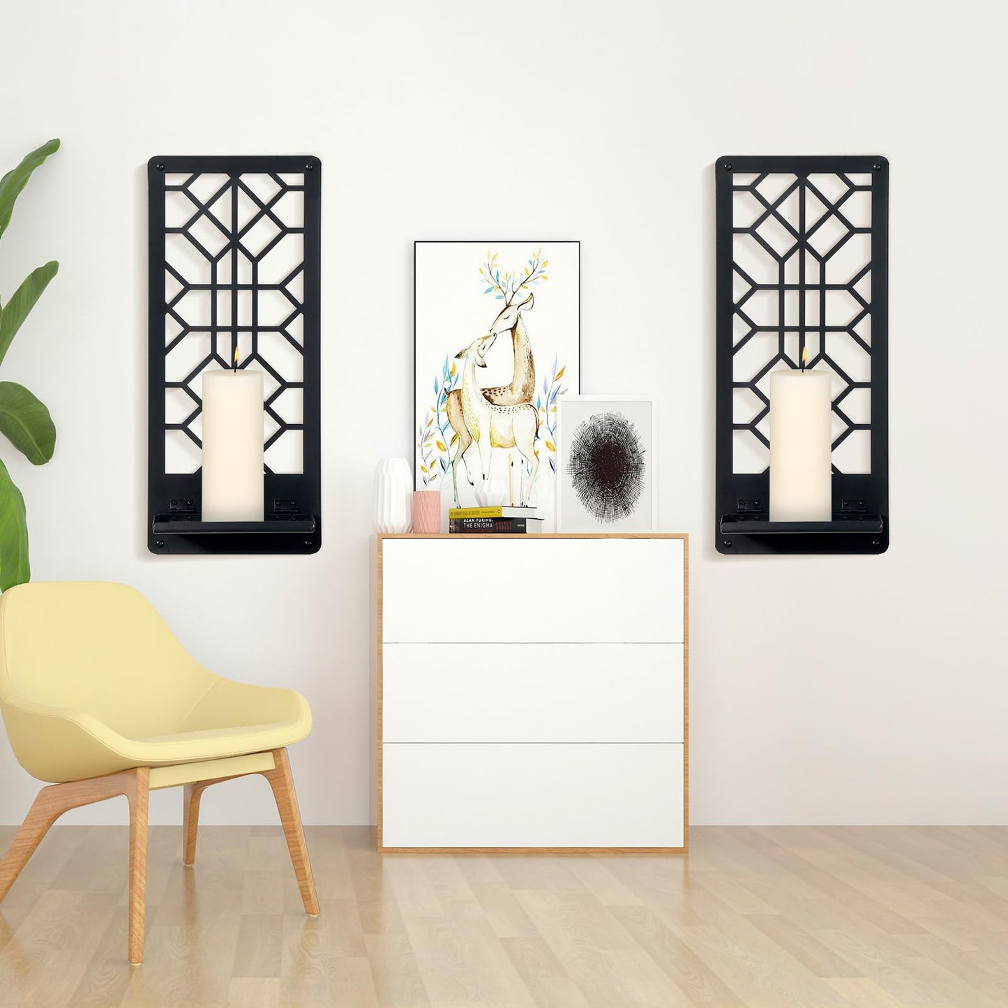 Zzbakress 2 Pcs Black Metal Wall Art Bathroom Decor Candle Holder Wall Art Retro Line Wall Decor Living Room Minimalist Metal Wall-Mount Candle Sconces for Dining Room Bedroom Kitchen (Black-Retro)