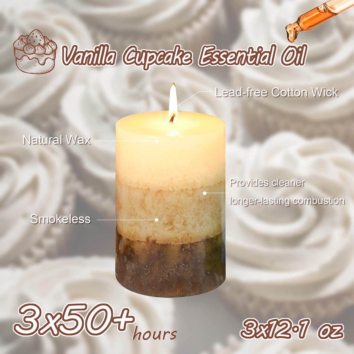 Pillar Candles Vanilla Cupcake Scented Immeiscent Aromatherapy Candle 50+ Hours Clean Burning Long Lasting Mottled Layered Candles for Home Scented SPA Restaurant Set of 3