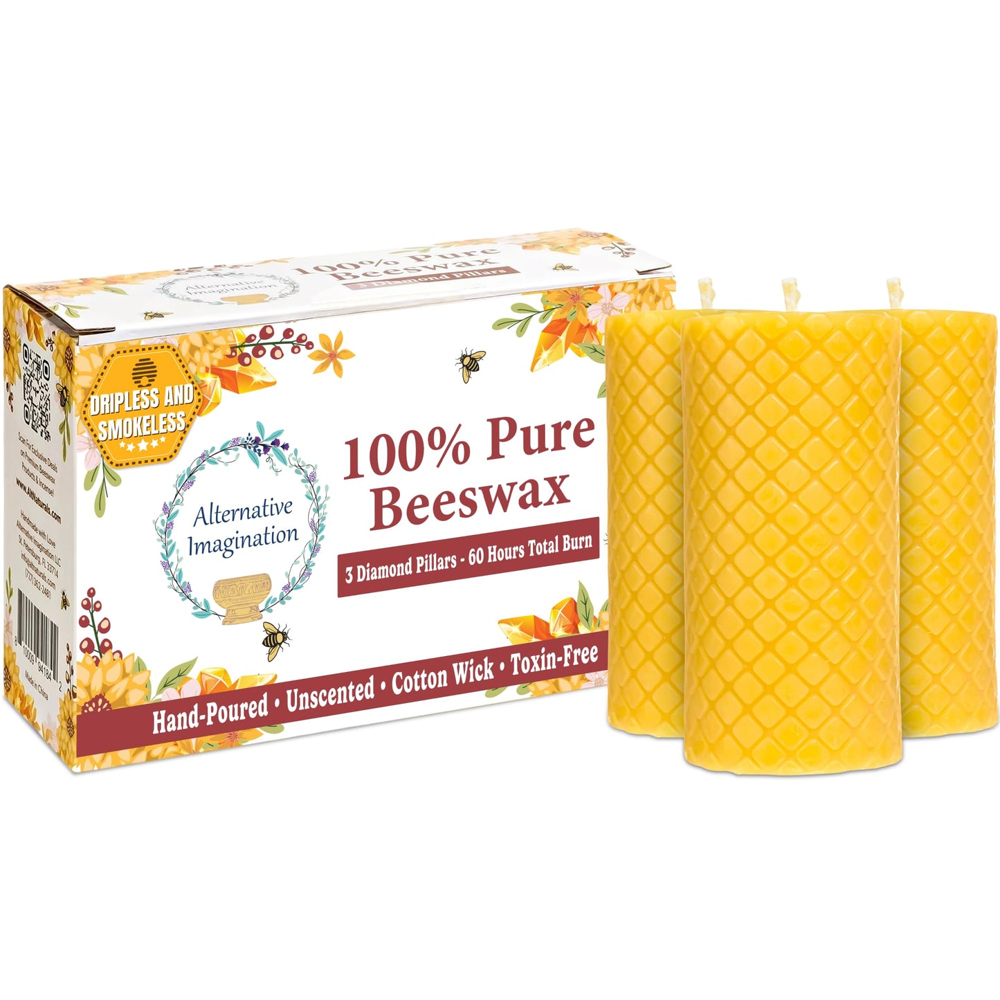 Alternative Imagination Diamond Beeswax Pillar Candles – 3 Pack of 2x4 Inch Unscented Candles - Hand-Poured - 100% Pure Beeswax - Natural Honey Aroma - Dripless Long-Burn - Altar & Decor Use