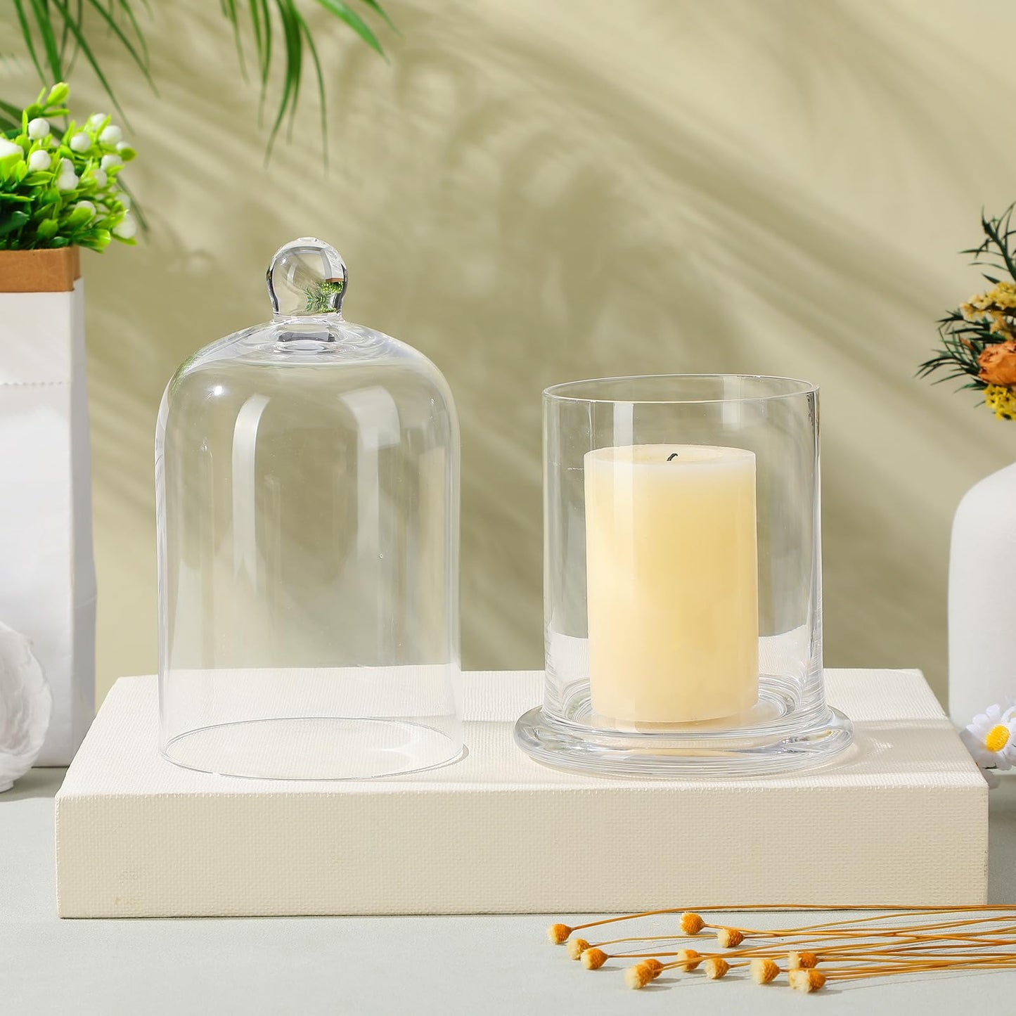 EXCEART Glass Cloche 2 Sets Clear Glass Dome Candle Glass Jar Cloche Dome Bell Jar Candle Cover Display Wedding Decoration Ornament Clear