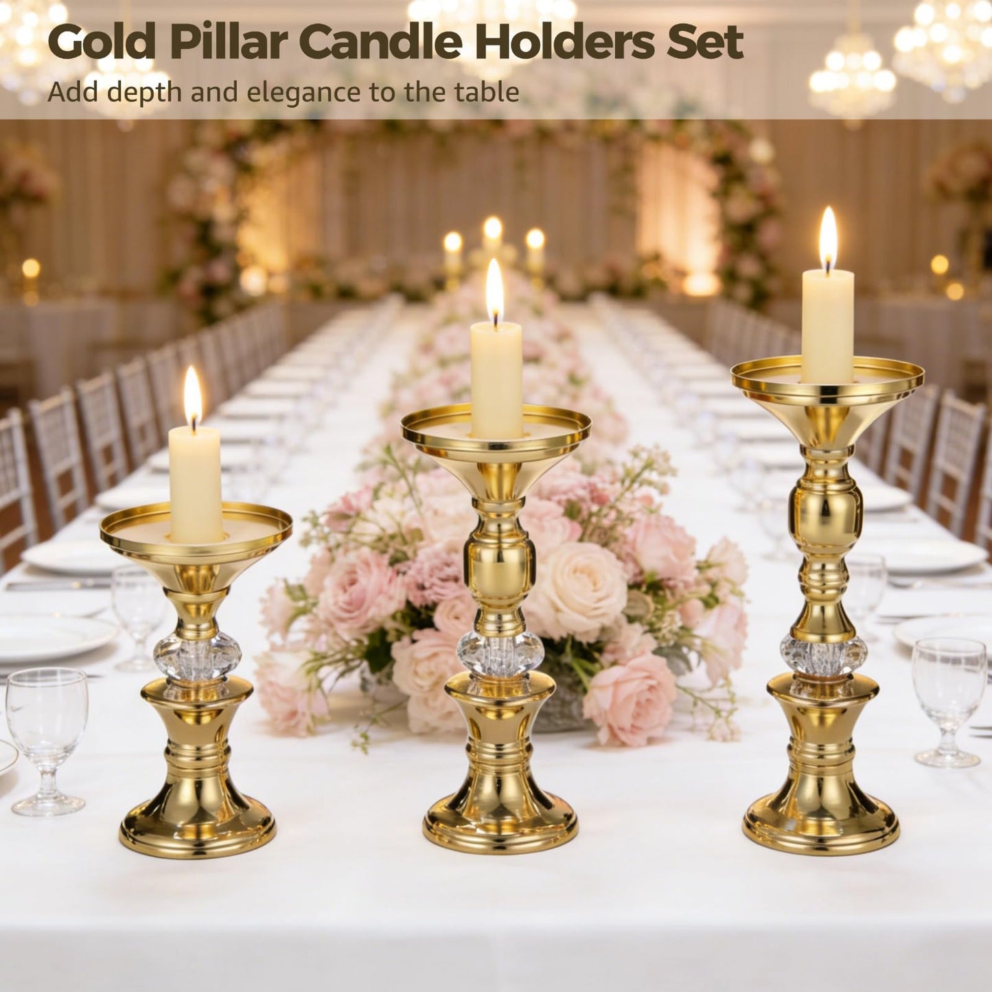 3 Pcs Gold Pillar Candle Holders Set, Elegant Metal Crystal Candlestick Stands, Gourd Shape Wedding Centerpieces Decor, Weighted Base Tabletop, 5.91-8.46 in Tall