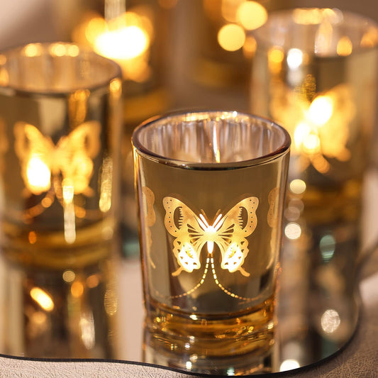 Gold Votive Candle Holders Set, 12 PCS Tea Lights Holder Decorative Bulk with Butterfly Pattern, Candle Holders for Wedding Table, Birthday, Home Decor, Party Supply