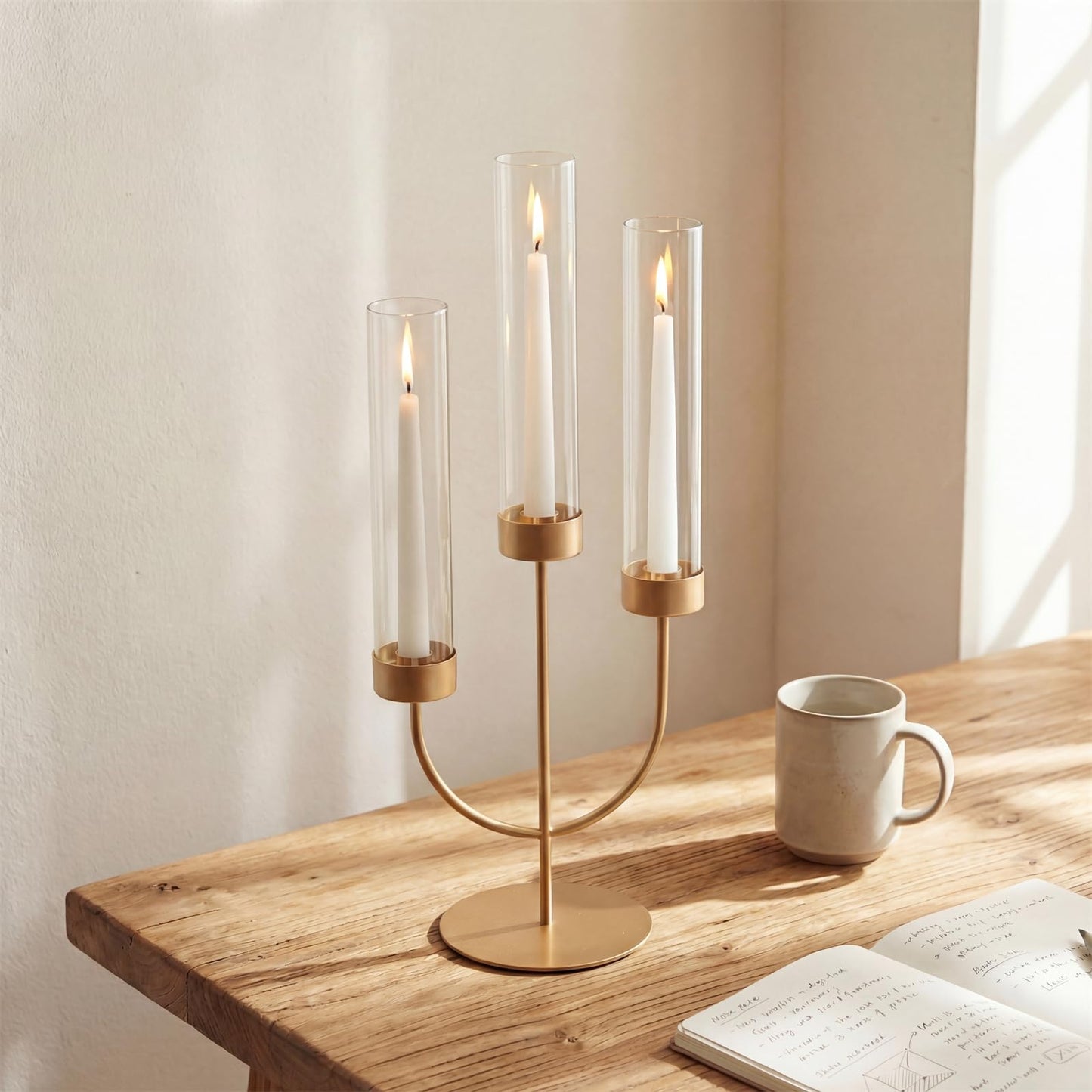 Sziqiqi Candelabra Gold Candlestick Holders: 3 Arm Candelabra Centerpiece with Glass Hurricane for Dining Table Fireplace - Modern Candle Holders for Wedding Christmas