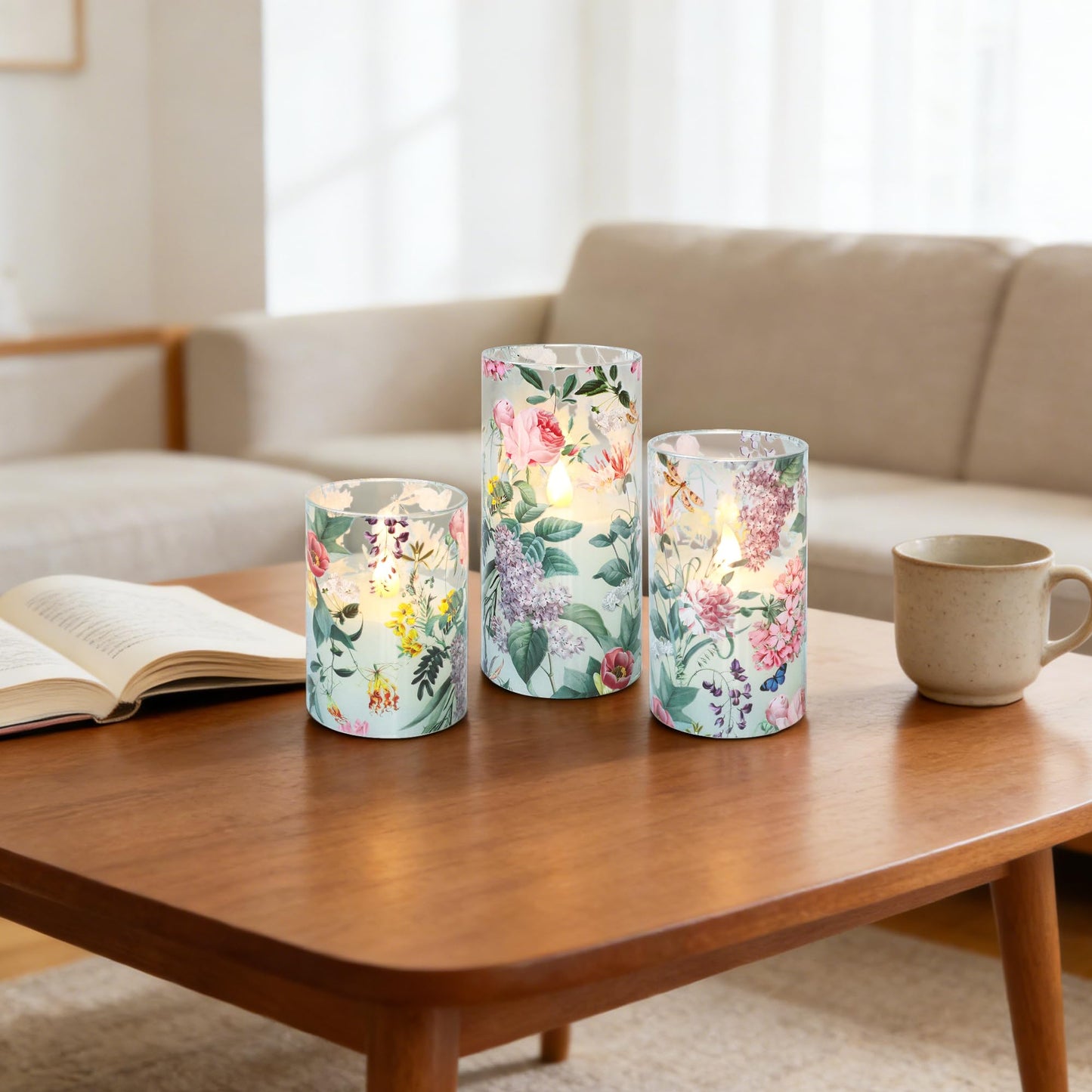 Silverstro Floral Flameless Candles with Remote Timer, Pink Rose and Lilac Pattern LED Glass Candles, Battery Operated for Home Party Wedding Christmas Spring Valentine's Day Decor, Set of 3