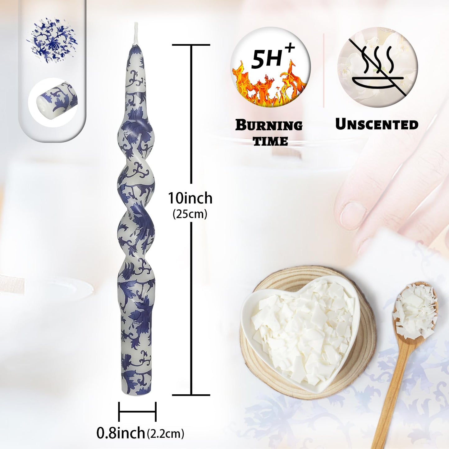 Unscented Floral Taper Candle Spiral Candlesticks - Set of 4 Blue and White Handmade Twisted Candle 10 Inch Long Print Tapered Candles for Home Wedding Dinner