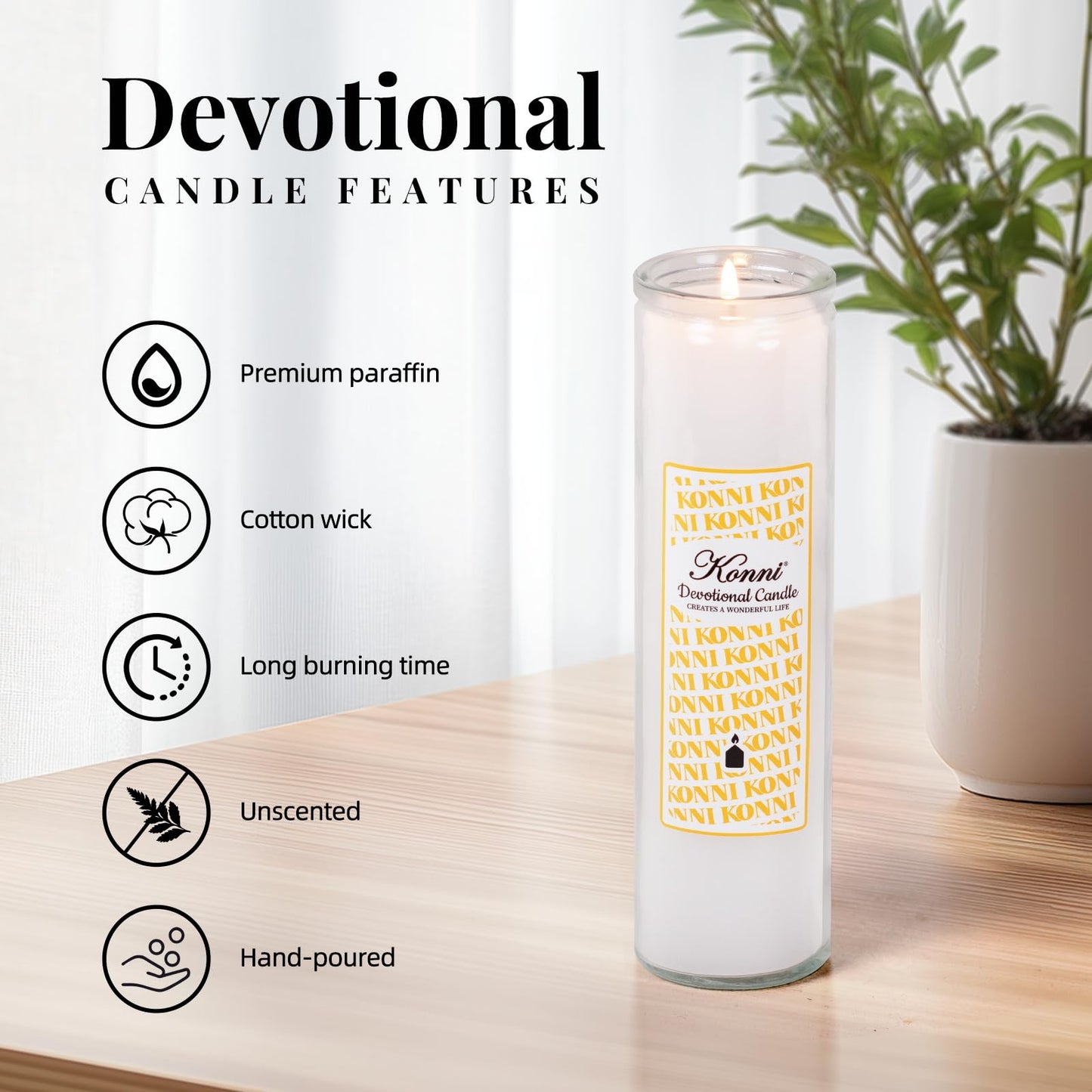 KONNI 2x8 Inch White Pillar Candles in Glass Set of 3, Devotional Prayer Candle, Unscented Religious Candles, 105 Hours Emergency Long Burning, Ideal for Memorials, Vigil, Blessing