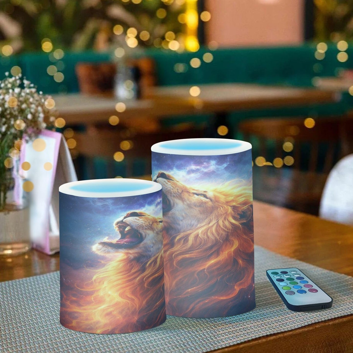 KGLDSNM Blazing Galaxy Lion LED Flameless Flickering Candle with Remote Timer Battery Operated for Indoor Outdoor Party Holiday Home Decor 2 Pack