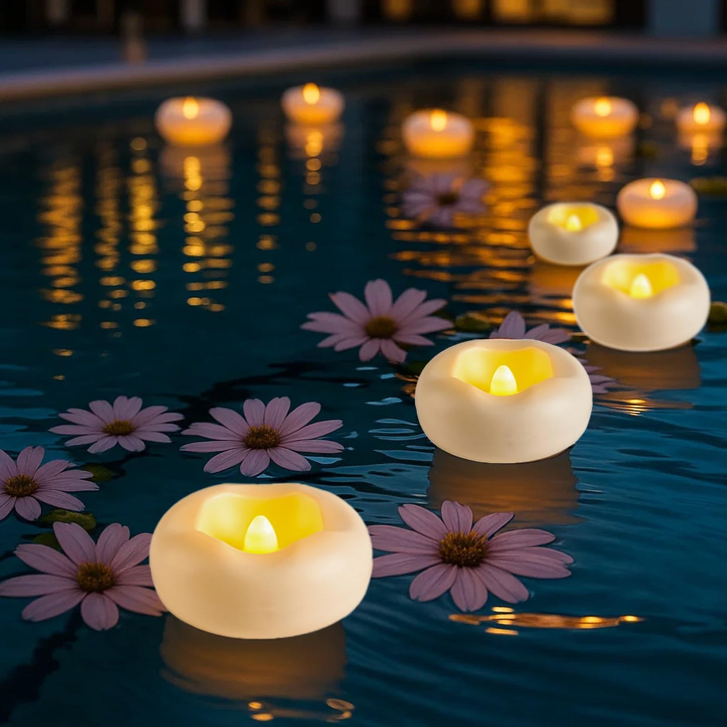 Eynshoo 24 Pack Floating Candles,3-Inch Waterproof LED Tea Lights–Realistic Flickering Flame,160-Hour Battery, Flameless&Safe, Auto On/Off for Centerpieces,Pool, Weddings,Halloween, Parties