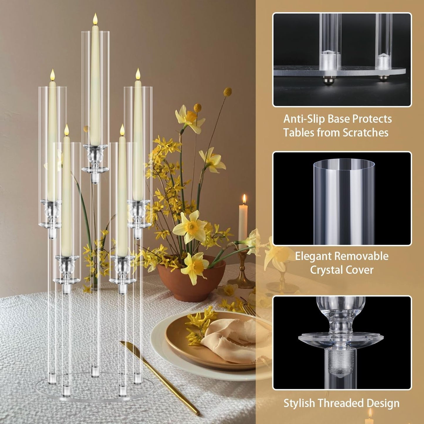 5 Arms Acrylic Candelabra Centerpieces for Tables, Clear Candle Holder for Halloween Christmas Wedding Party Decor, 27" Tall Candlestick Holders with Lampshade, Fits LED Candle(2pcs)