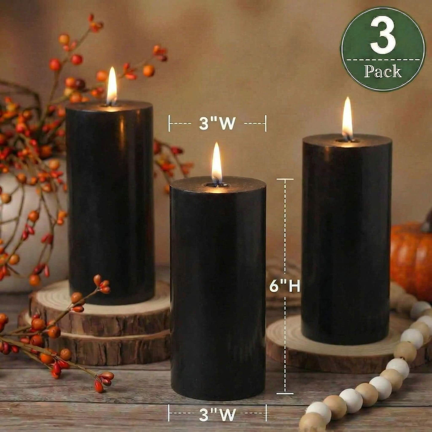 Richland Set of 3 Black Pillar Candles 3" x 6" Unscented for Weddings Home Holidays Relaxation Spa Halloween