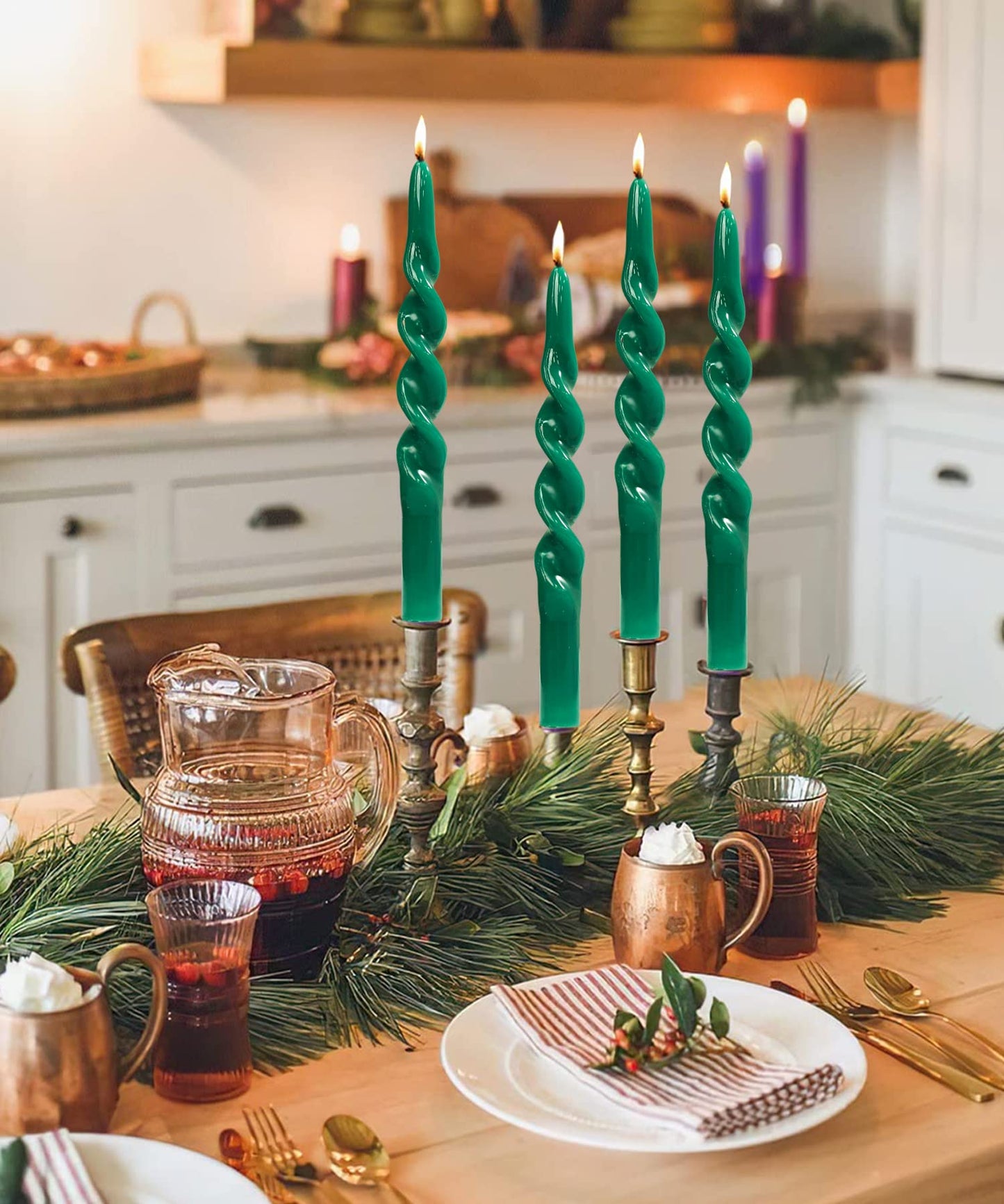 LPUSA Hunter Green Spiral Taper Candles Twisted Candlefor Holiday Wedding Party Wax Unscented Dinner Candle Dripless,Christmas Gift,4pcs（7.5" Hunter Green）