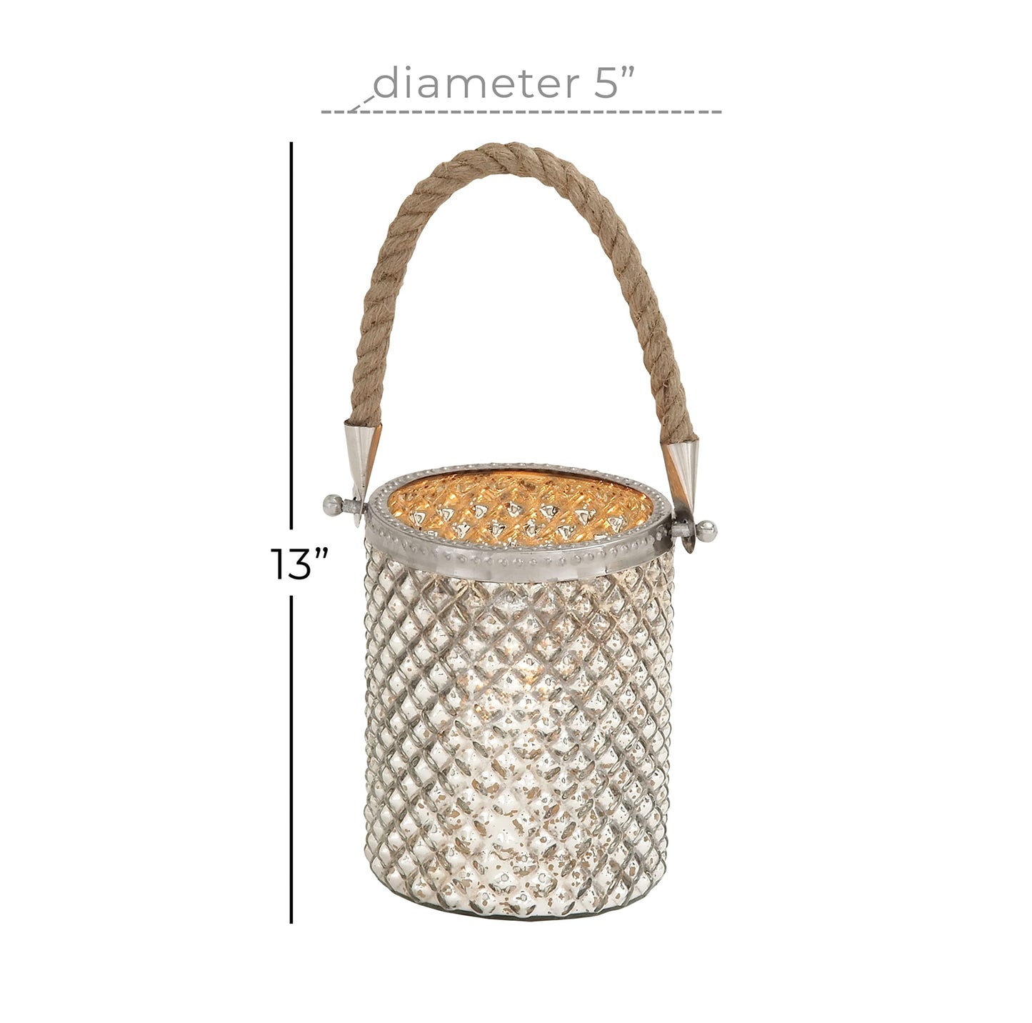 Deco 79 Glass Handmade Indoor Outdoor Candle Lantern Decorative Lantern Candle Holder with Rope Handle, Lantern 5" x 5" x 13", Silver