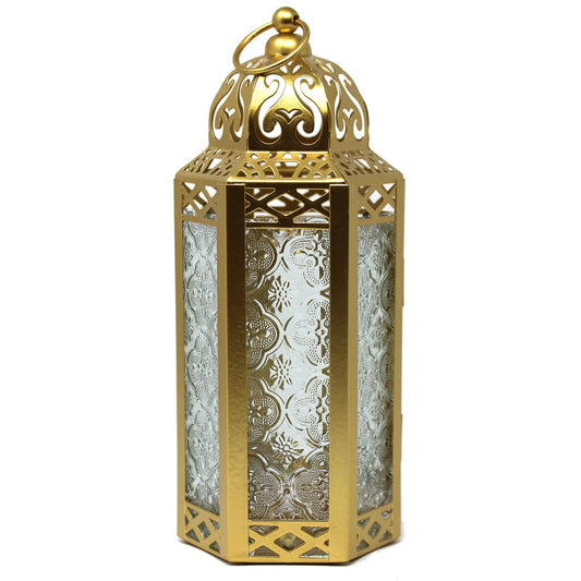 VELA LANTERNS 10.5" Gold Moroccan Candle Lantern Decorative Candle Holder Lamp for Table or Hanging, Ramadan Decorations, Indoor Home Decor, Outdoor Patio or Porch, Weddings, Clear Glass, Medium