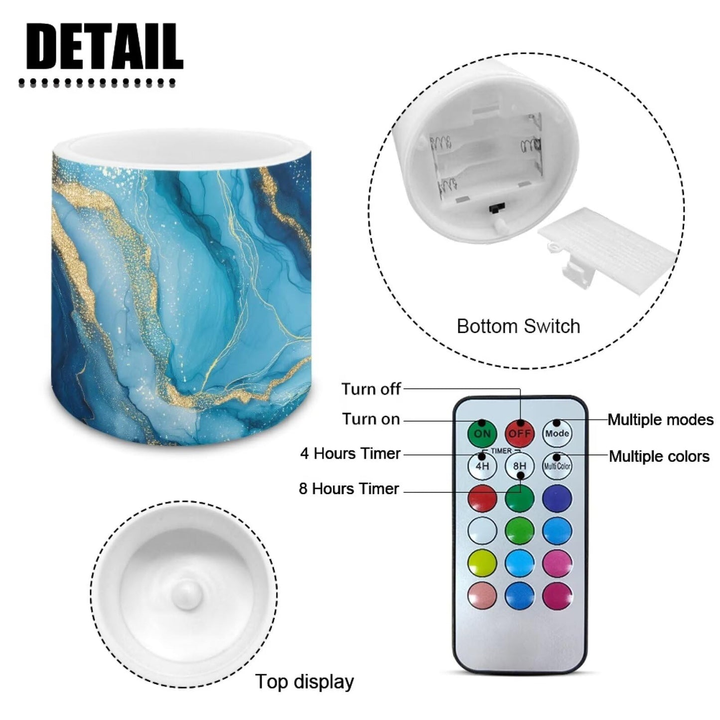 Cozeyat Blue Marble LED Candles Set of 4 Battery Powered Flameless with Remote Timer Waterproof Flickering Pillar Candles for Home Patio Garden
