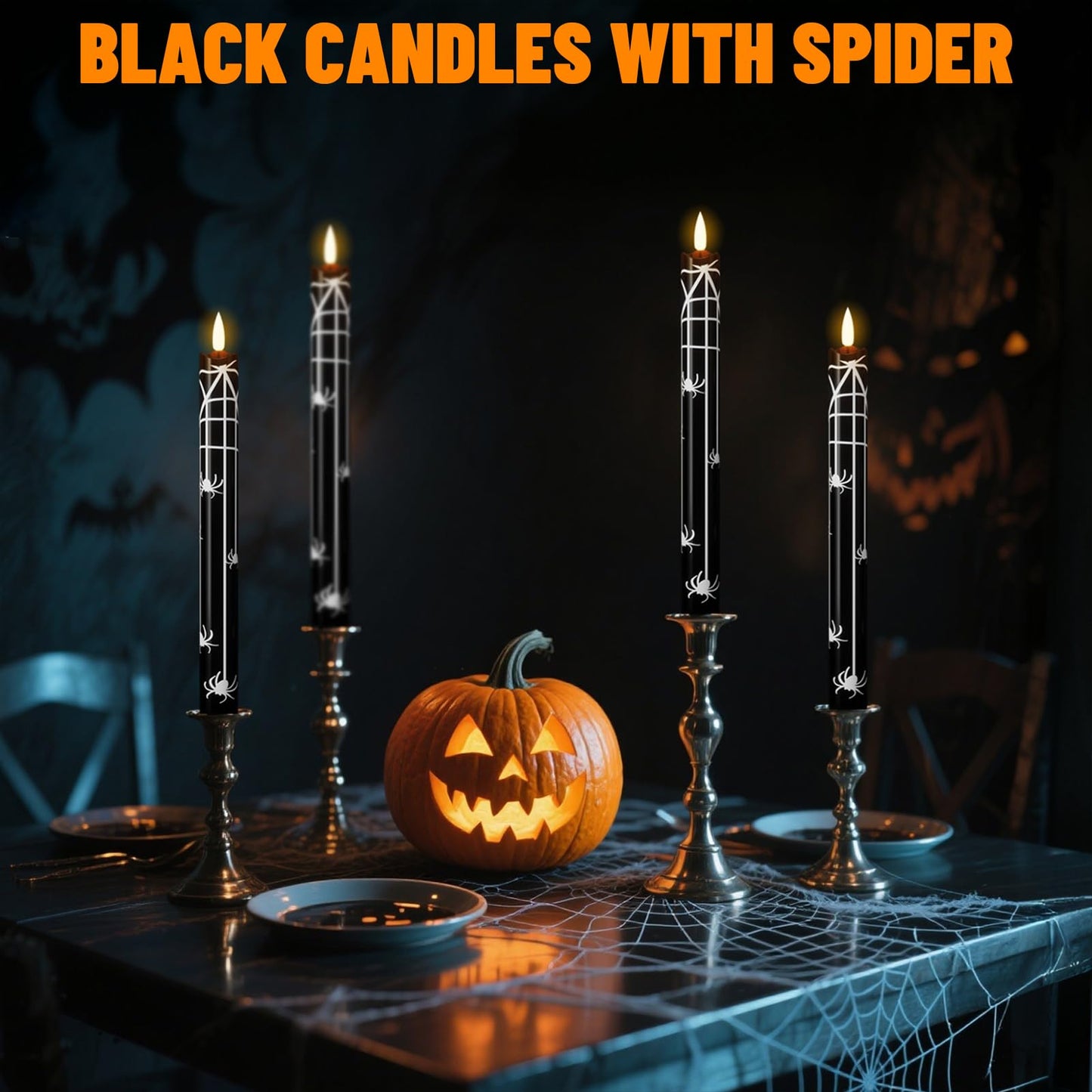 Wondise Black Halloween Flameless Taper Candles with Remote & Timer, Halloween Battery Operated Spider Candles Waxy with 3D Wick Flickering for Halloween Decorations