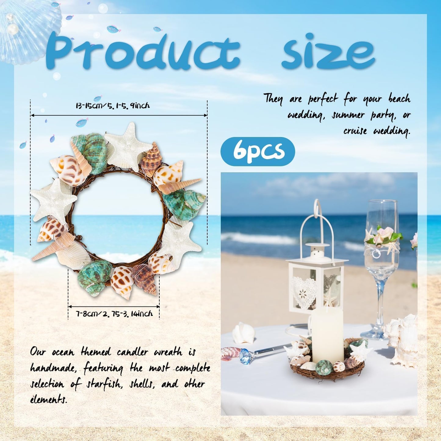 6 Pcs Summer Seashell Starfish Wreath Mini Candle Rings Wreaths Coastal Pillar Candle Holder for Ocean Cruise Wedding Parade Bridal Shower Bachelorette Party Table Decor