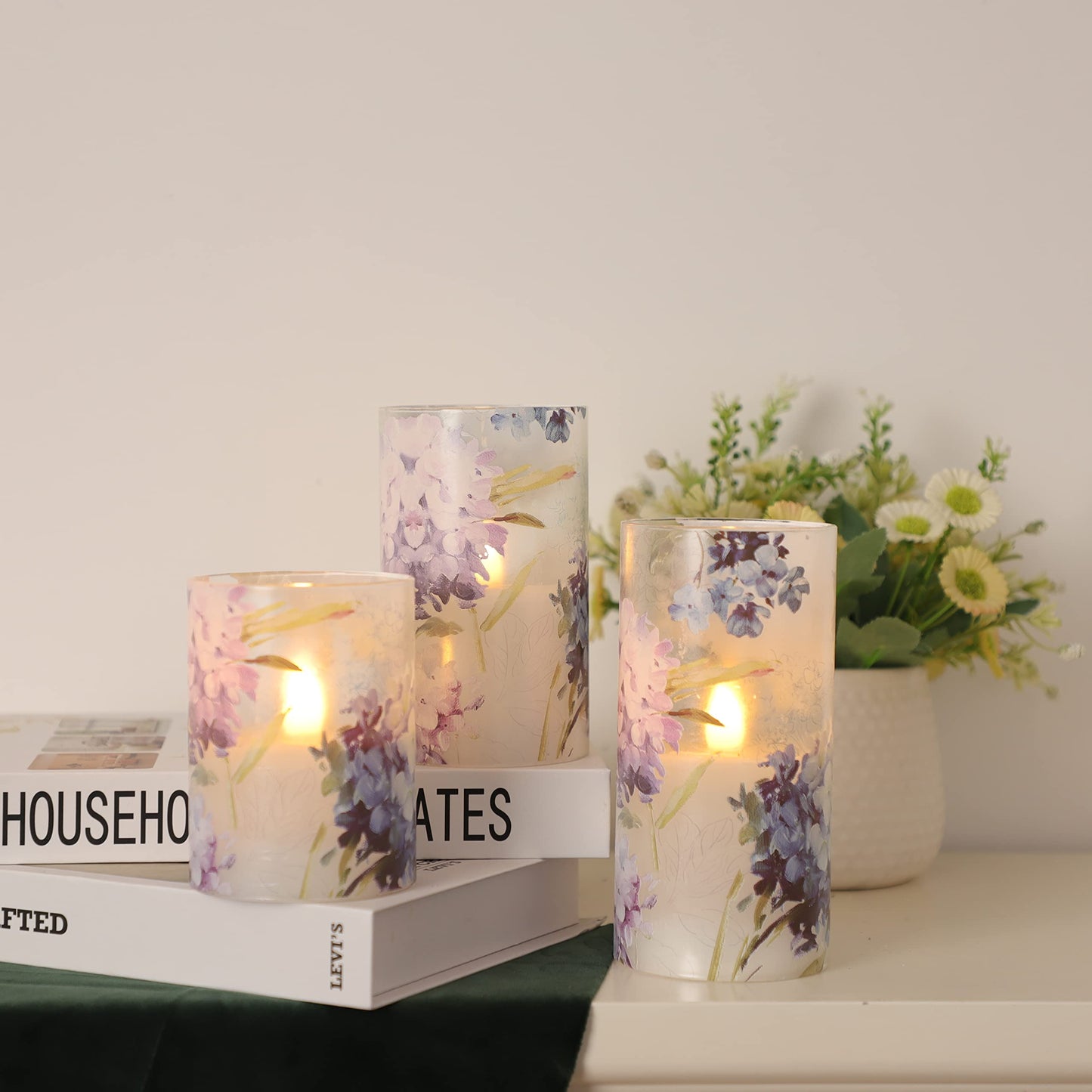 FLAVCHARM Floral Flameless Candles Decorative Battery Operated with Remote Hydrangea Flowers Romantic Lovers Flickering Pillar Candles for Wedding Tray Centerpiece Home Decor