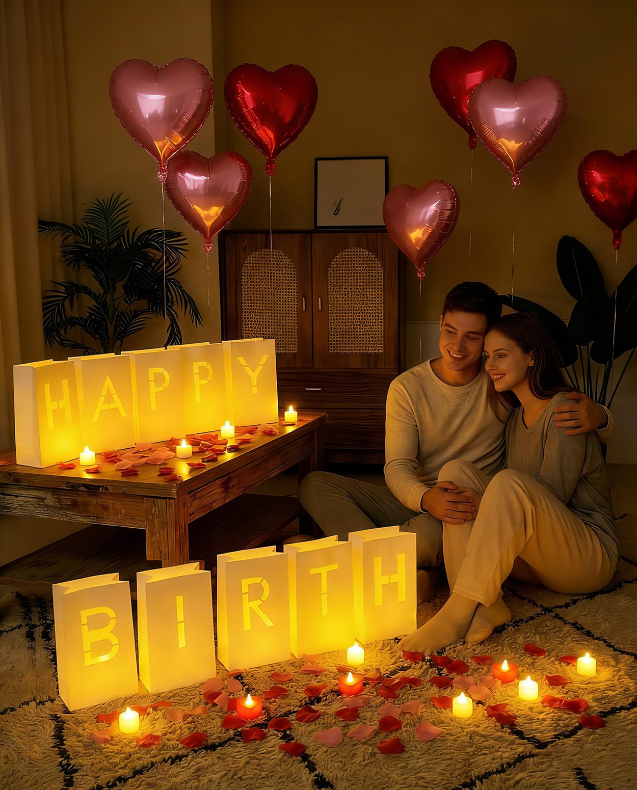 JZLiner Happy Birthday Light Up Sign Include Fake Rose Petals Led Tea Light Candles Balloons Set Room Decor for Women and Men