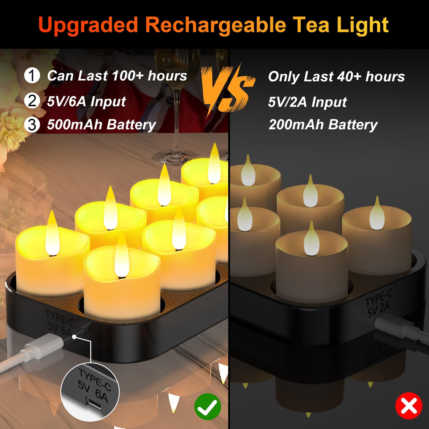 YiaMia Upgraded Rechargeable Tea Lights 12 Pack, Flameless Tea Light Candles with Charging Base and Remote & 24H Timer - Can Last 100+ Hours Battery Candles for Votive, Wedding, Halloween, Christmas