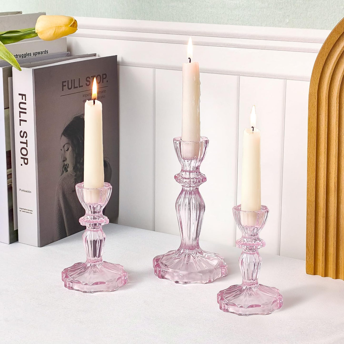 CHOCSTAY Glass Candlestick Holders Set of 3, Pink Stripe Taper Candle Holders for Table Centerpiece, Home Decorations, Wedding and Party