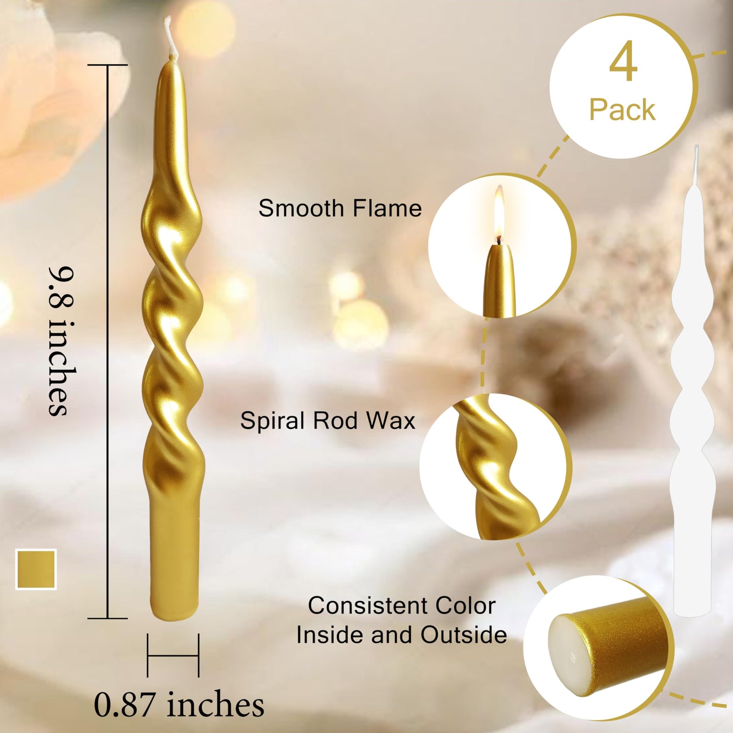 Christmas Spiral Candles Metallic Goldd Taper Candles -10 in Unscented Candlestick for Winter Gift Holiday Christmas Home Decoration Candles, 4 Pack
