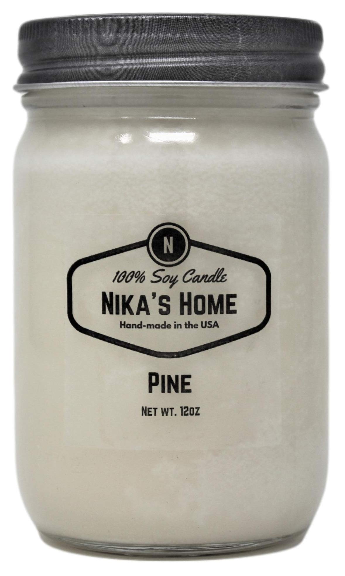 Nika's Home Pine Soy Candle - 12oz Mason Jar - Non-Toxic - Hand Poured in The USA, Long Burning 50-60 Hours Highly Scented All Natural, Clean Burning