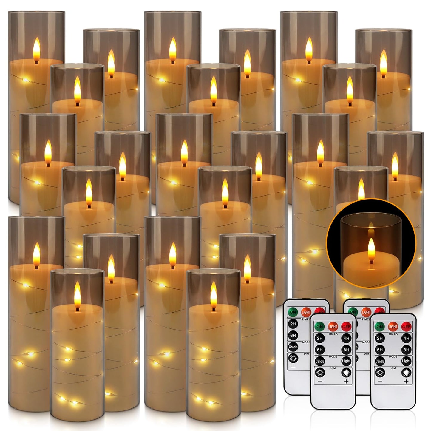 24-Pack Gray Flameless Candles with Remote Control, Battery-Powered LED Candles with Embedded Star String Lights & Realistic Flickering Flame. with Timer for Christmas, Home, Wedding, Fireplace Mantle
