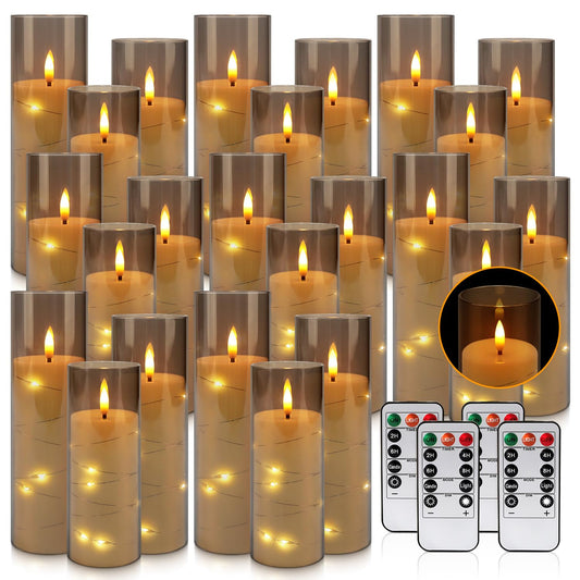 24-Pack Gray Flameless Candles with Remote Control, Battery-Powered LED Candles with Embedded Star String Lights & Realistic Flickering Flame. with Timer for Christmas, Home, Wedding, Fireplace Mantle