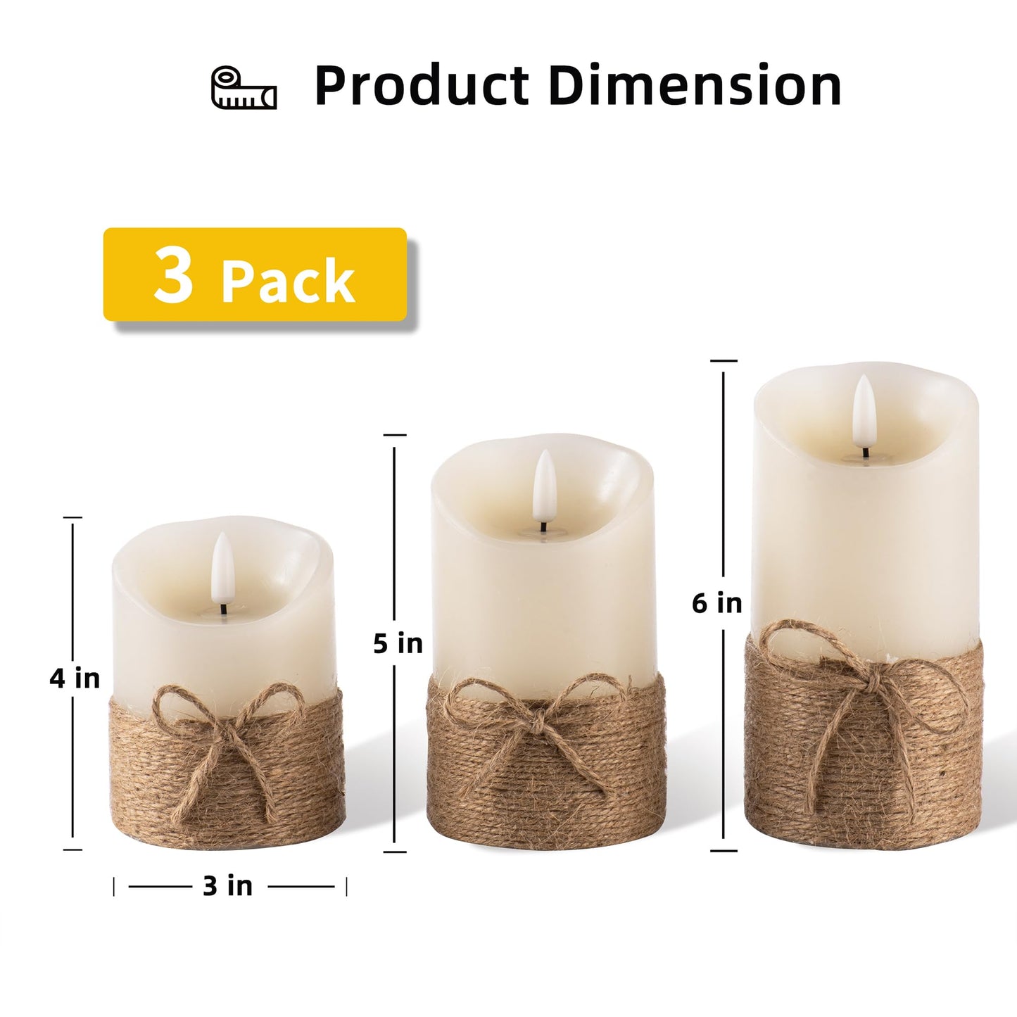 AKU TONPA Flameless Candles Battery Operated Pillar Real Wax Electric LED Candle Gift Set with Remote Control and Timer, 4" 5" 6" Pack of 3, Ivory Wax with Hemp Rope