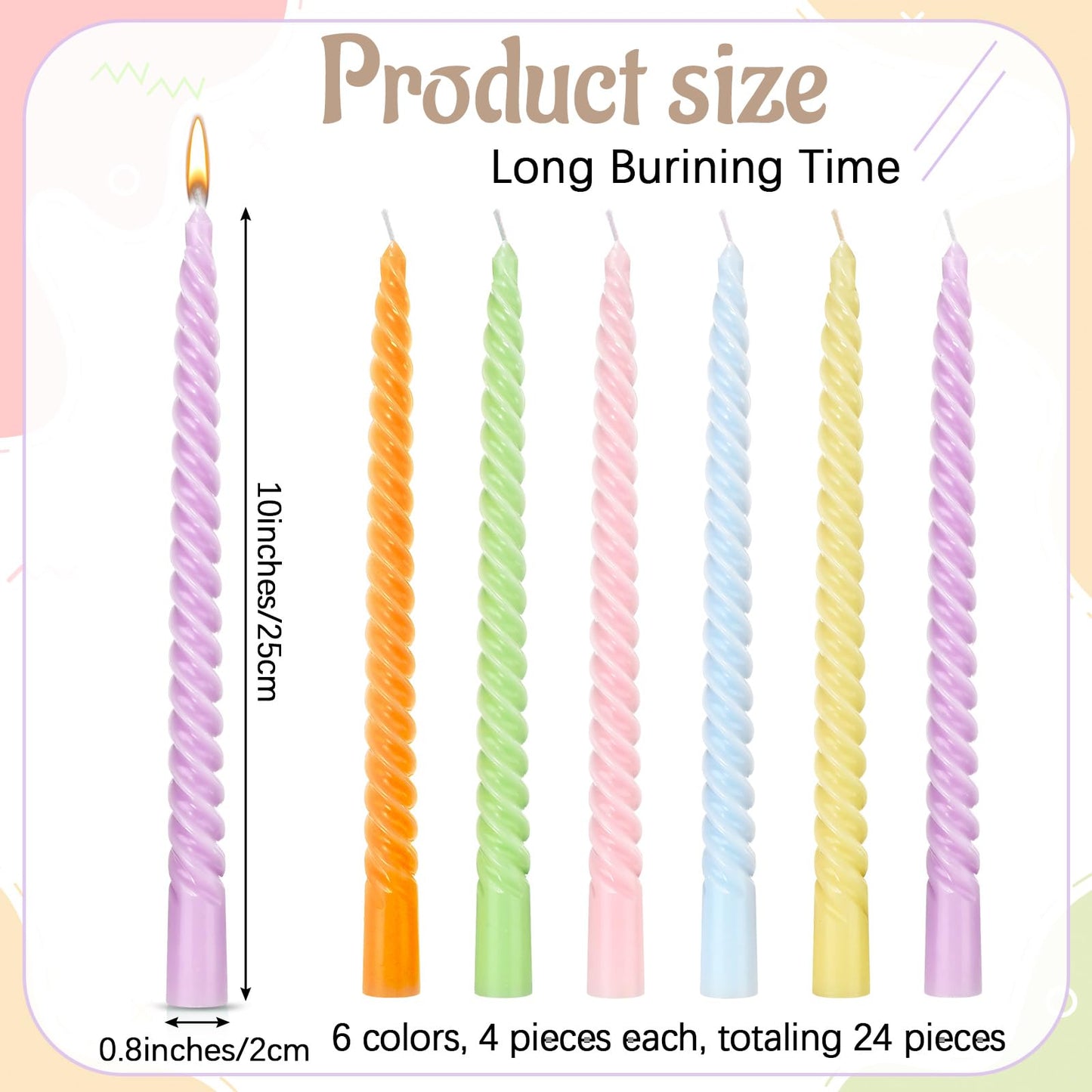 Nuanchu 25 Pcs Spring Spiral Taper Candles Set Pastel Colorful Twisted Wax Candlestick 10 Inch Unscented Dripless Long Tall Tapered Candlesticks Smokeless for Spring Dinner Wedding Party