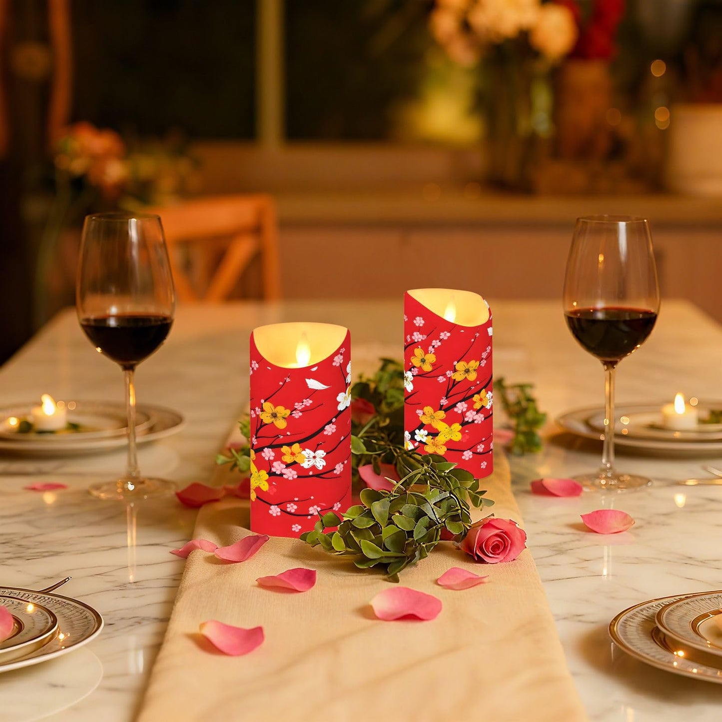 ALAZA Red Cherry Blossom Japanese01 Flickering Flameless Candles Battery Operated with Remote Timer,Tea Light Candles LED Pillar Votive Set of 2 for Outdoor Indoor Decorations 3" x5.9"