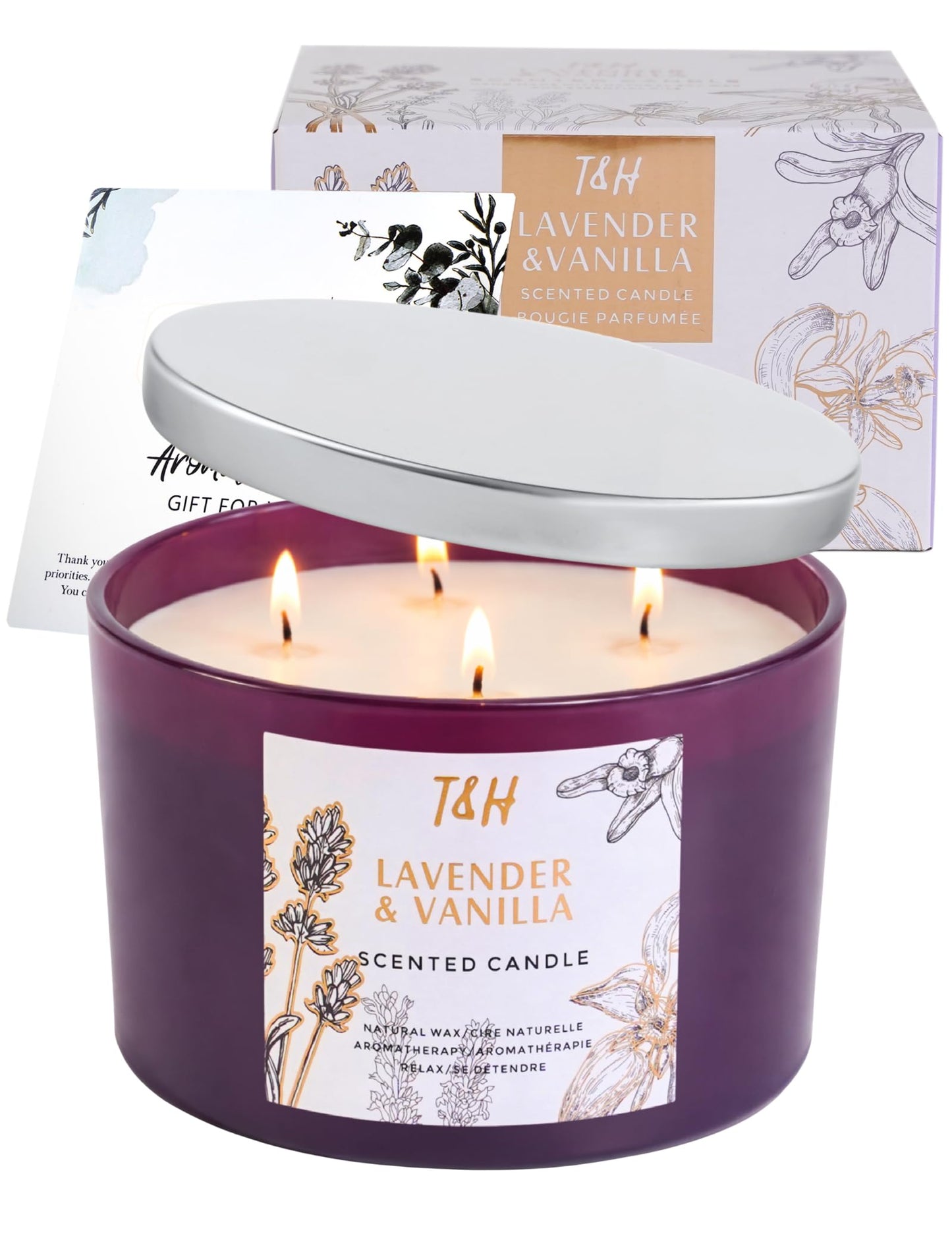 Lavender Vanilla Candle | 4 Wick Extra Large Scented Soy Candles 20 oz | Highly Scented Aromatherapy Lavender Candle for Women | Relaxing Stress Relief Home Scent | Long Lasting Clean Burn