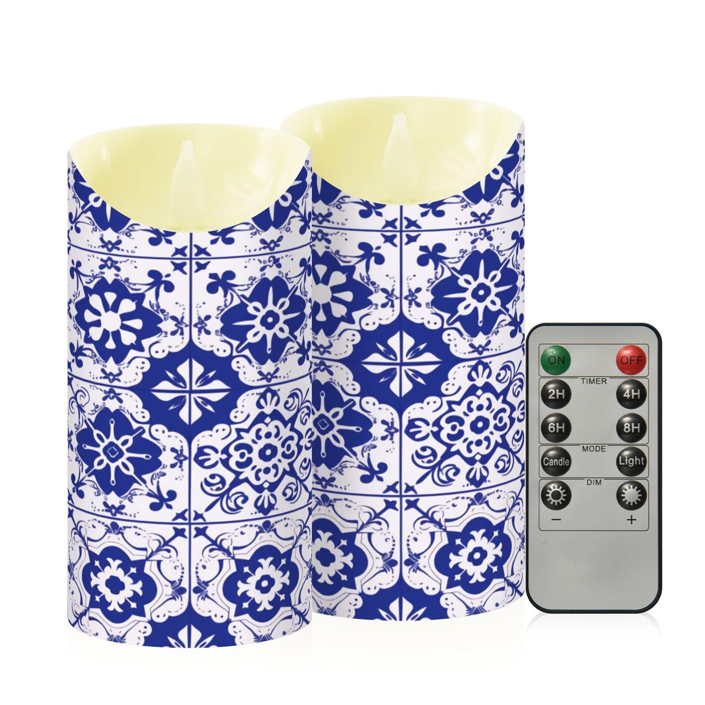 Gravopti Spanish Tiles 2 Pack Flameless LED Pillar Candles with Remote & Timer, Battery Operated, Flickering Wax Candle for Wedding, Romantic Home & Party Decor
