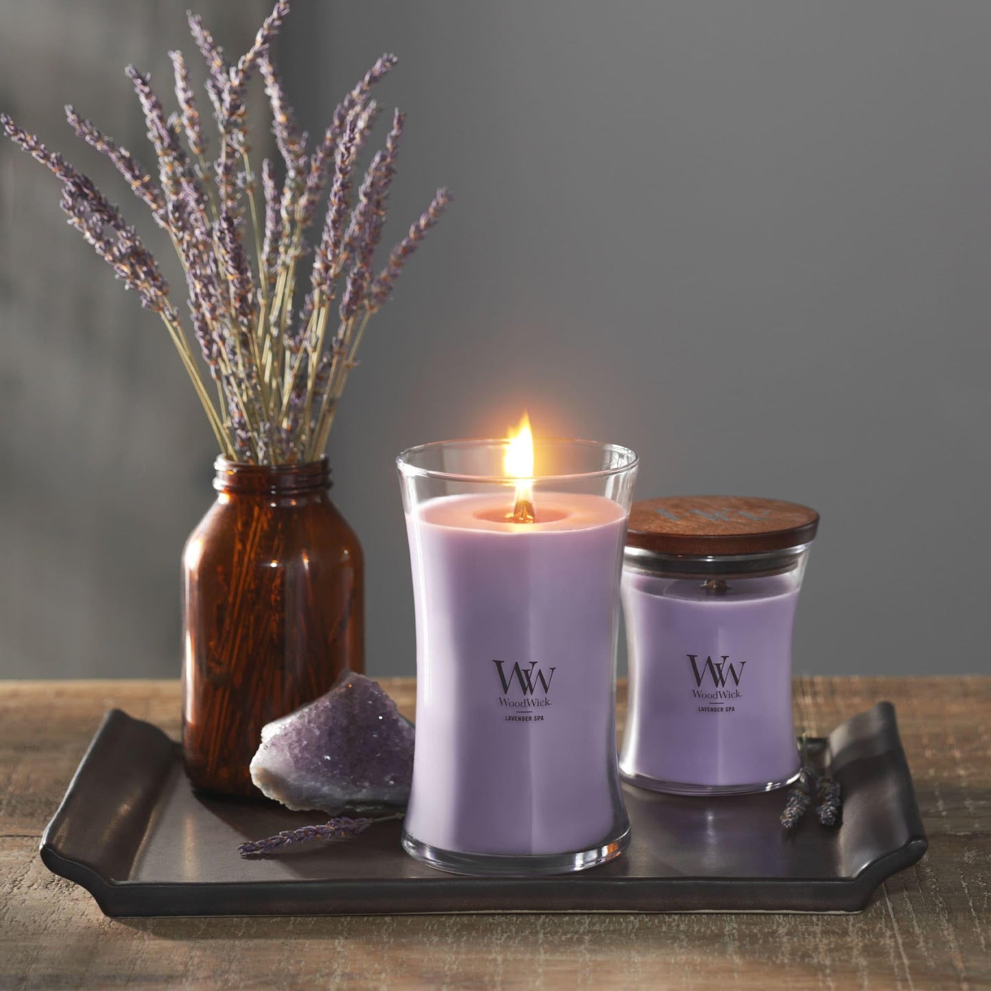 WoodWick Lavender Spa Gifts for Women and Men, 21.5 oz Large Hourglass Candle with Crackling Wick