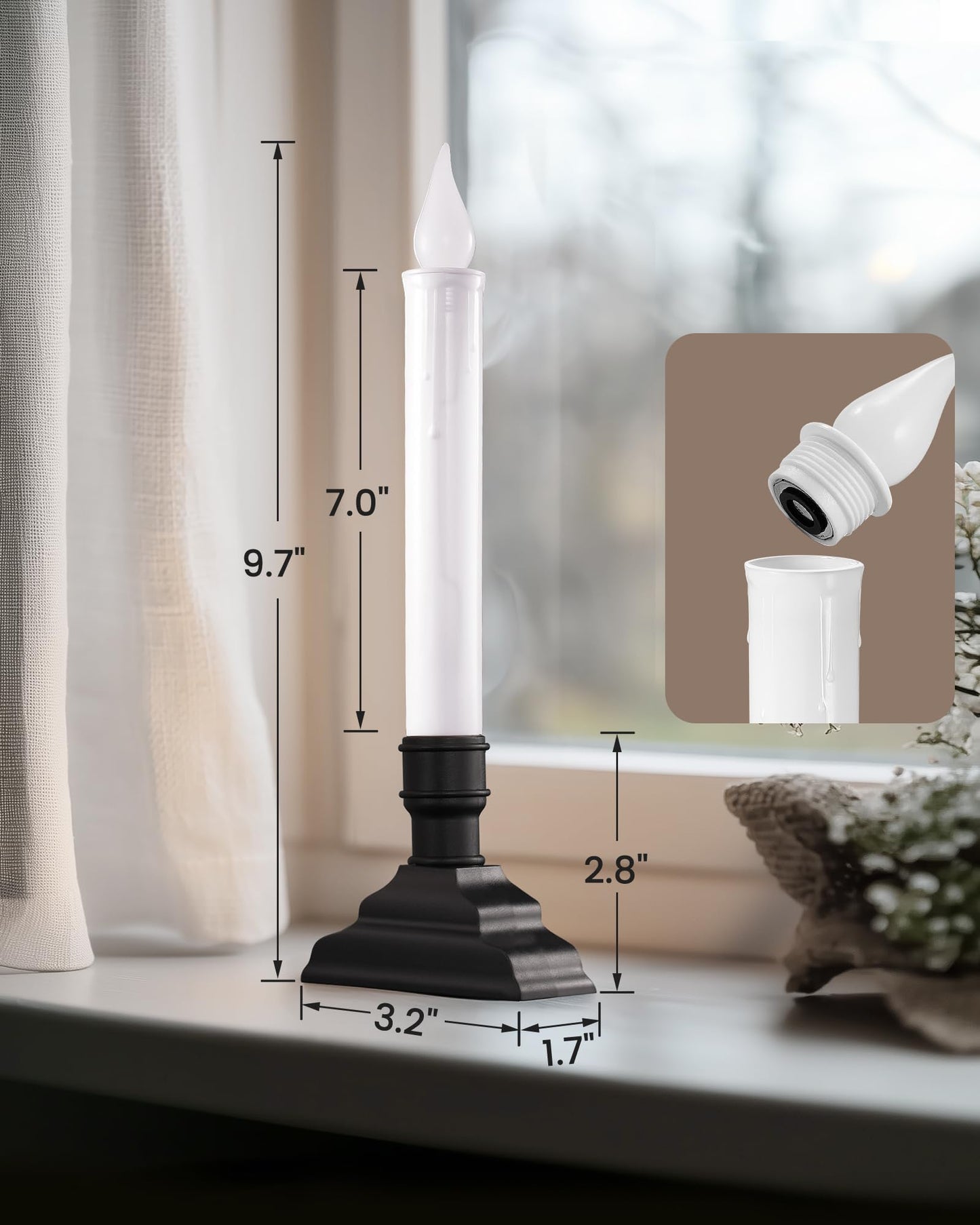 SURAIELEC Battery Operated Christmas Window Candles, Dusk-to-Dawn Window Candle, Flickering Cool White LED Candles for Windows, 1.7‘’ Narrow Base for Windows, Mantels, Dining Tables, Black, 4-Pack