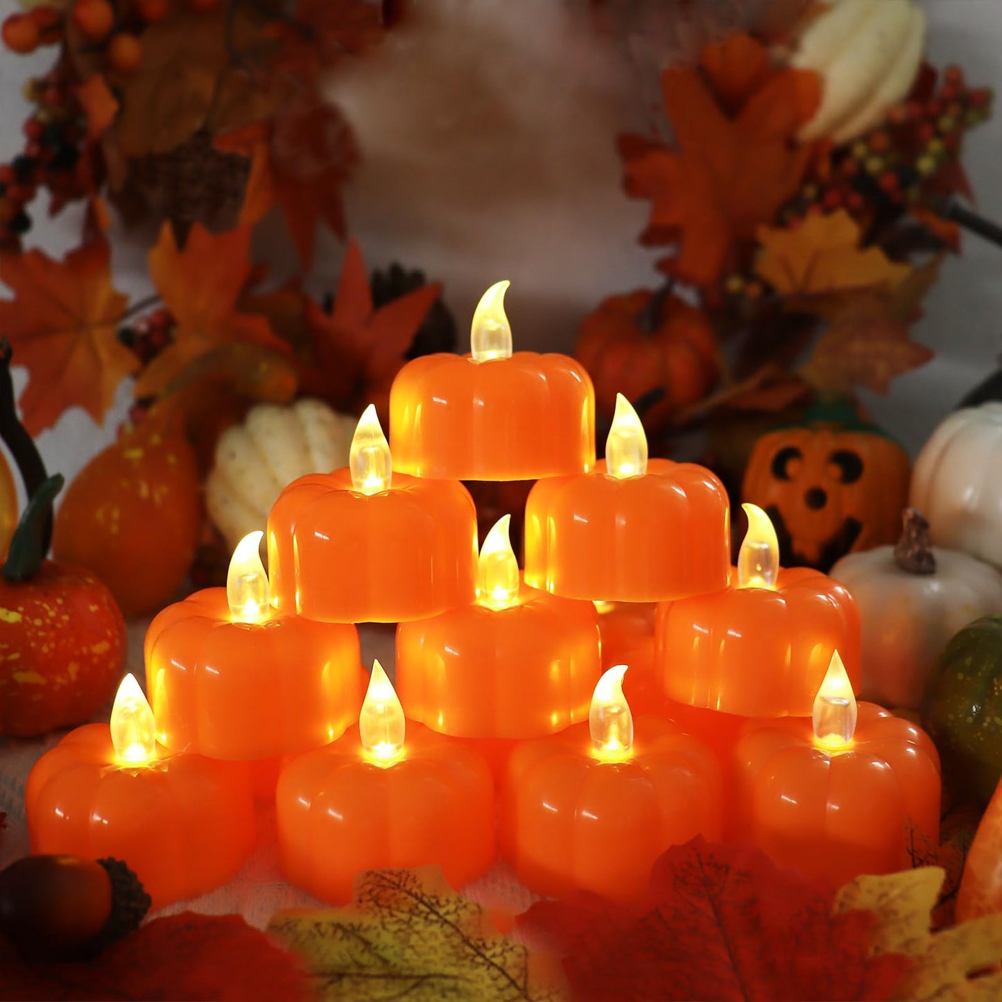 CESOF Pumpkin Tea Lights Fall Decorations, 12 Pack LED Orange Pumpkin Lights Flameless Candles Battery Operated, Halloween Thanksgiving Flickering Tealight Candle for Home Table Indoor Party Decor