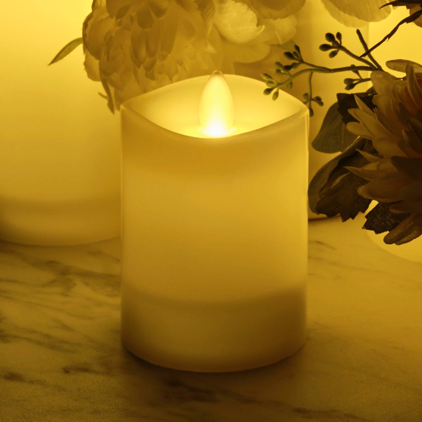 Mikasa LED Wax Pillar Candle 3 x 4 Inch White Flameless Candle with Dancing Flame Effect - Battery Operated with 5-Hour Timer for Home Decor and Table Ambiance