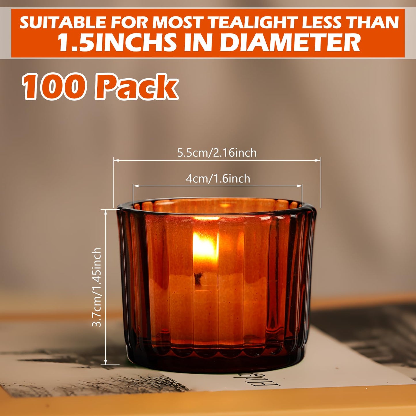 Mumufy 100 Pcs Glass Tealight Candle Holder Ribbed Votive Candle Holder for Centerpiece Wedding Proposal Spa Aromatherapy Meditation Home Decor (Amber)